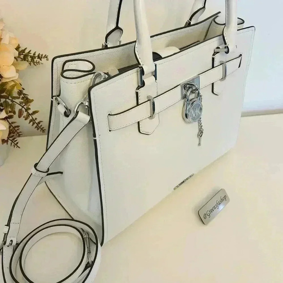 Michael Kors Purse Hamilton Medium Leather Satchel Optic white - Picture 4 of 9